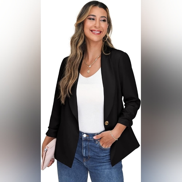 Womens Blazer Jacket for Women 3/4 Ruched Sleeve Work Casual Blazer with Pocket - Picture 5 of 7